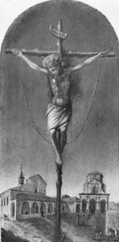 In un dipinto di autore anonimo dell�800 ecco come si presentava la chiesa di San Francesco (a sinistra addirittura con il porticato) e il Santuario del SS. Crocifisso.
